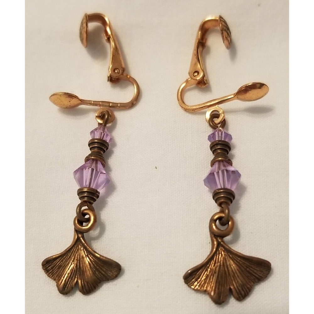 Vintage Solid Copper & Purple Beaded Dangle Clip-on Earrings